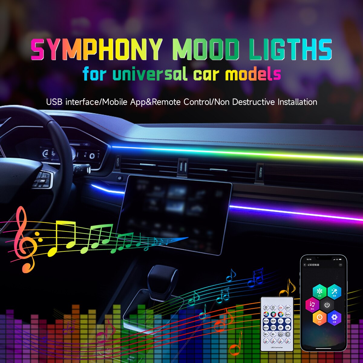 Led Ambient Interior Car Lights App Control - Auto USB 64 Kleuren Acrylstrips LED