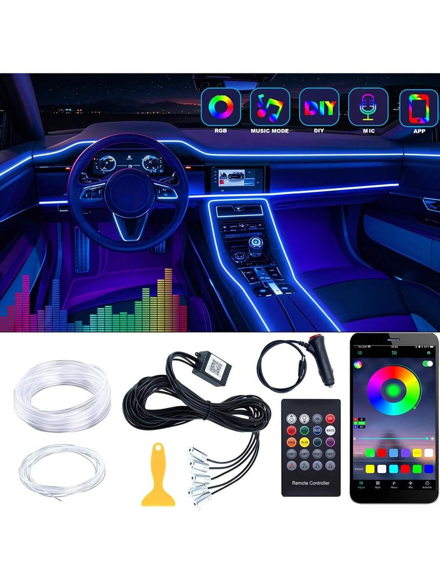 Led Ambient Interior Car Lights App Control - RGB 5-in-1 sfeerverlichtingsset, 236-inch glasvezel 8-kleuren