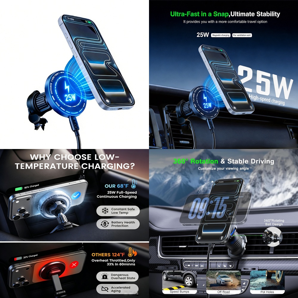 Magnetic Phone Holder For Car Vent - Sterke 25W Magnetische Draadloze Autolader voor